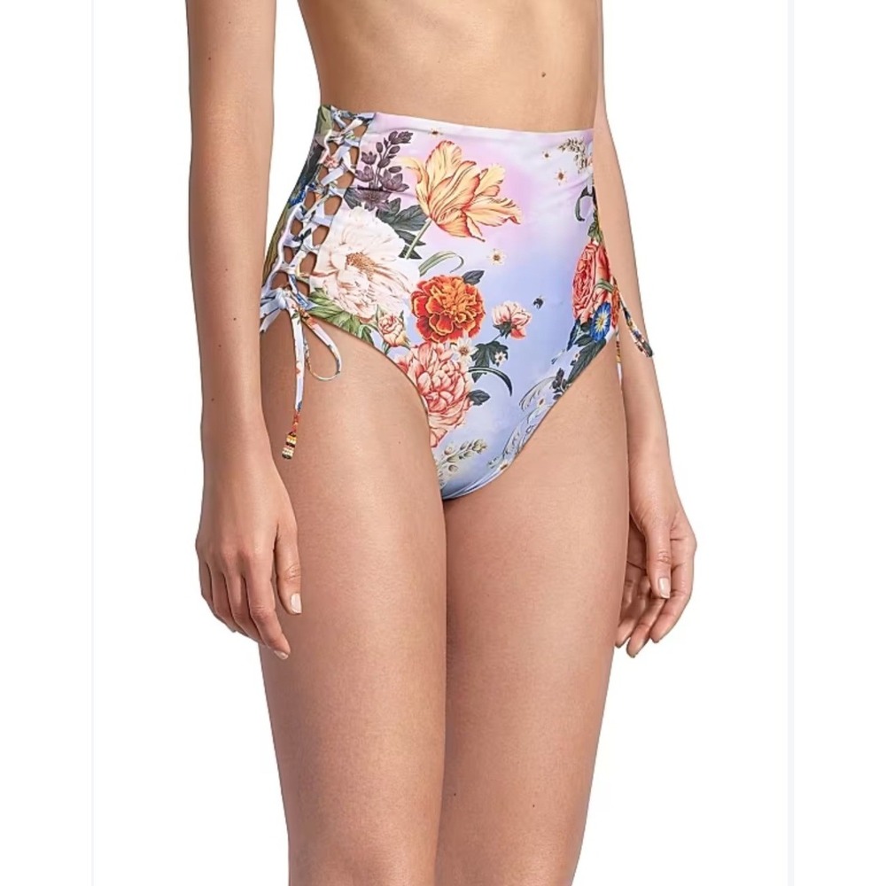 NEW! Agua Bendita Hope Numen Lace-Up High Waist Bikini Bottoms Floral Blue M